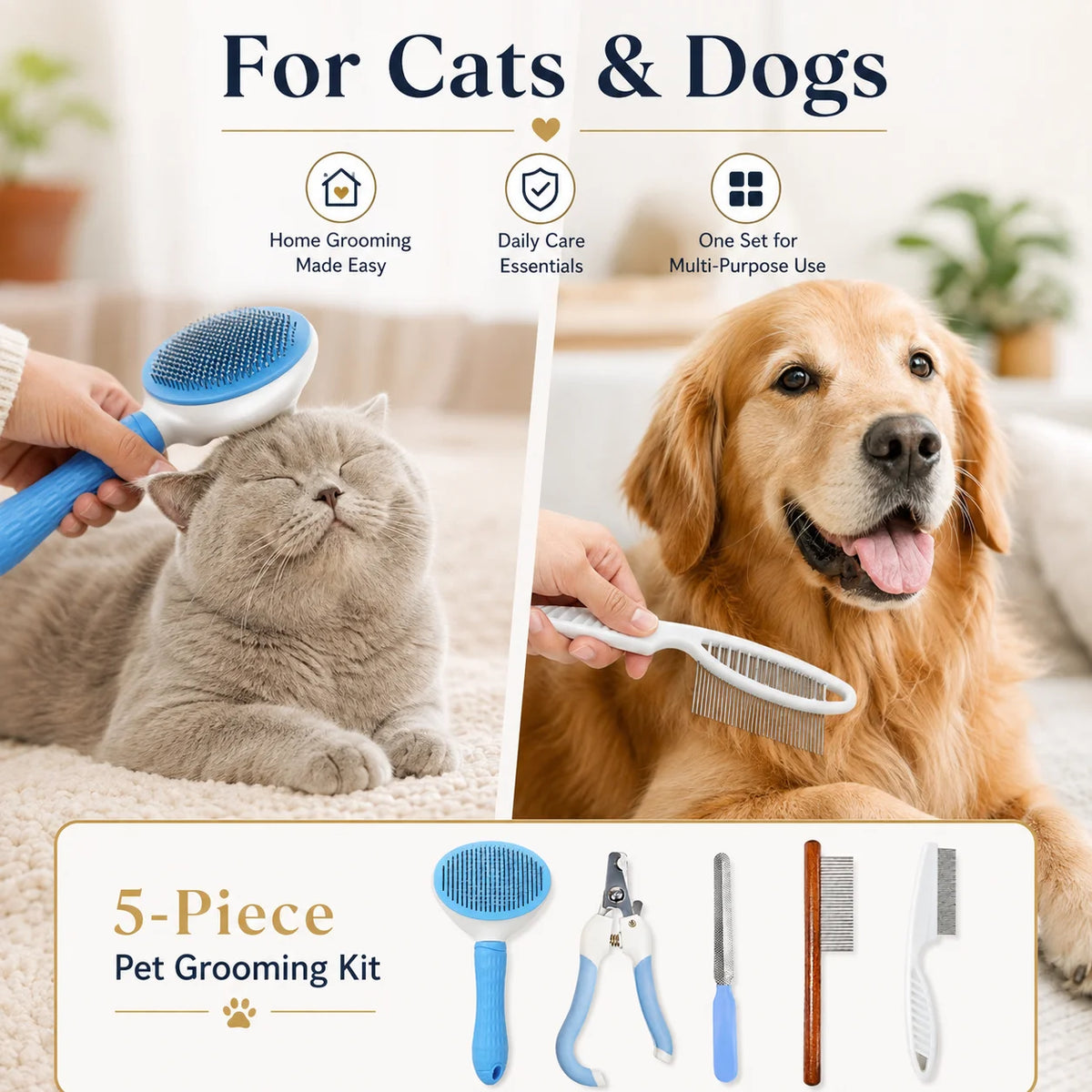 5-teiliges Tierpflege-Set – Krallenschneider, Kamm, Flohkamm & Haarentferner für Hunde und Katzen