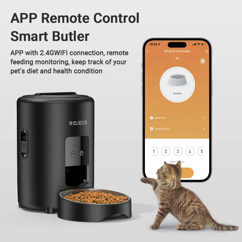 ROJECO 2-Liter Automatischer Futterspender – Intelligenter Futterautomat für Katzen und Hunde mit WLAN-App und Fernsteuerung