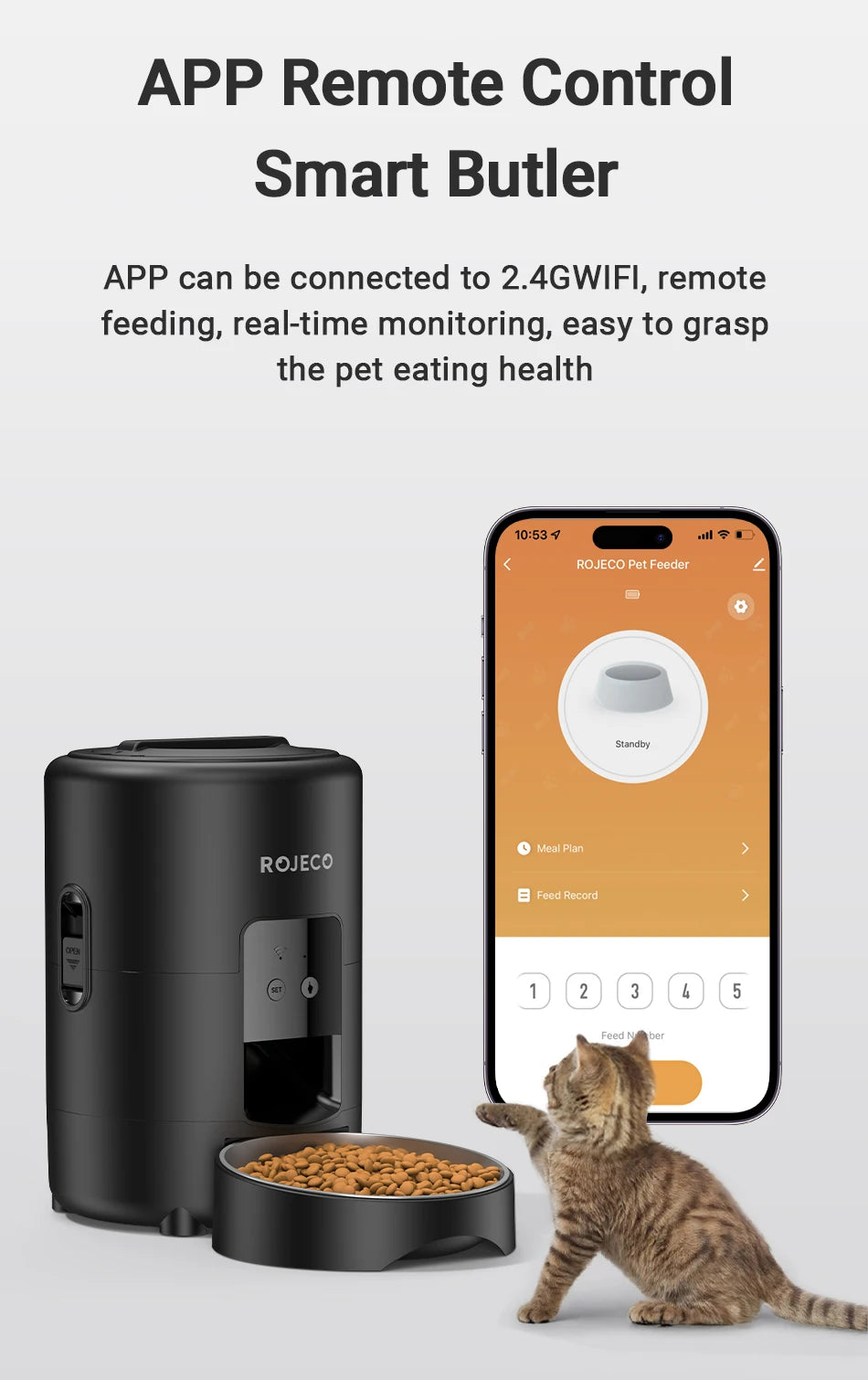 ROJECO 2-Liter Automatischer Futterspender – Intelligenter Futterautomat für Katzen und Hunde mit WLAN-App und Fernsteuerung