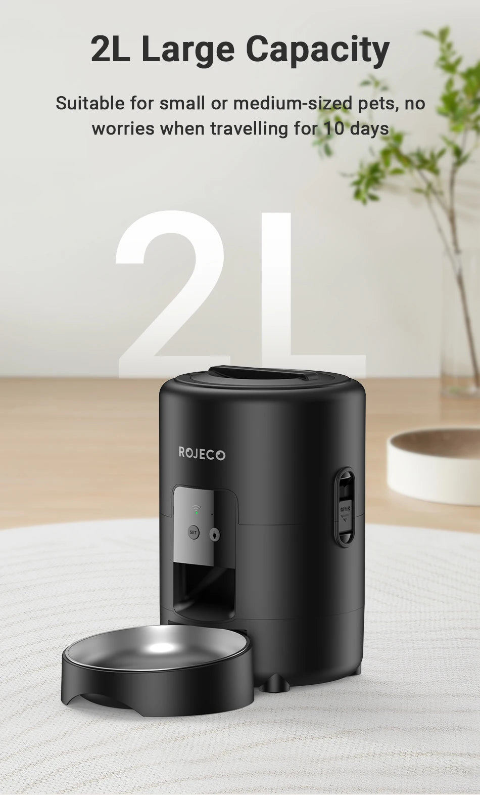 ROJECO 2-Liter Automatischer Futterspender – Intelligenter Futterautomat für Katzen und Hunde mit WLAN-App und Fernsteuerung